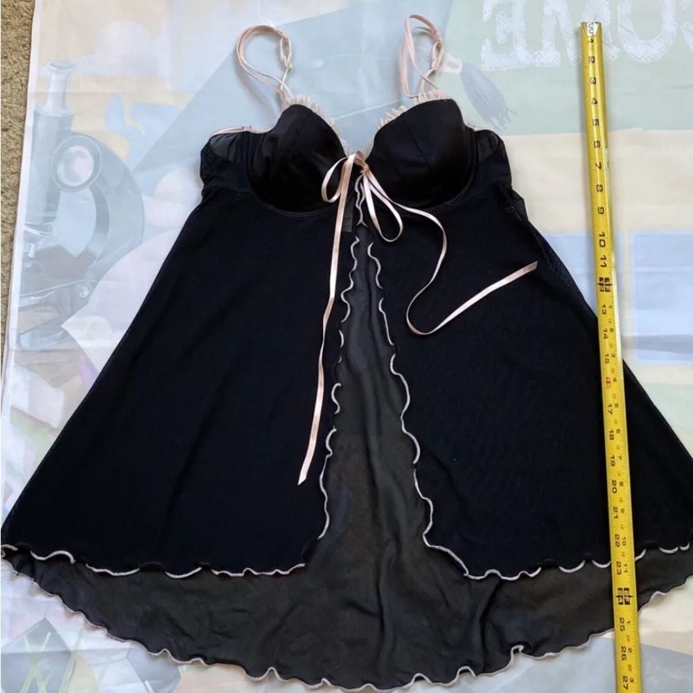 VTG Victoria’s Secret Black Mesh Sheer Babydoll Pink Trim Open FrontSize M - Picture 4 of 13